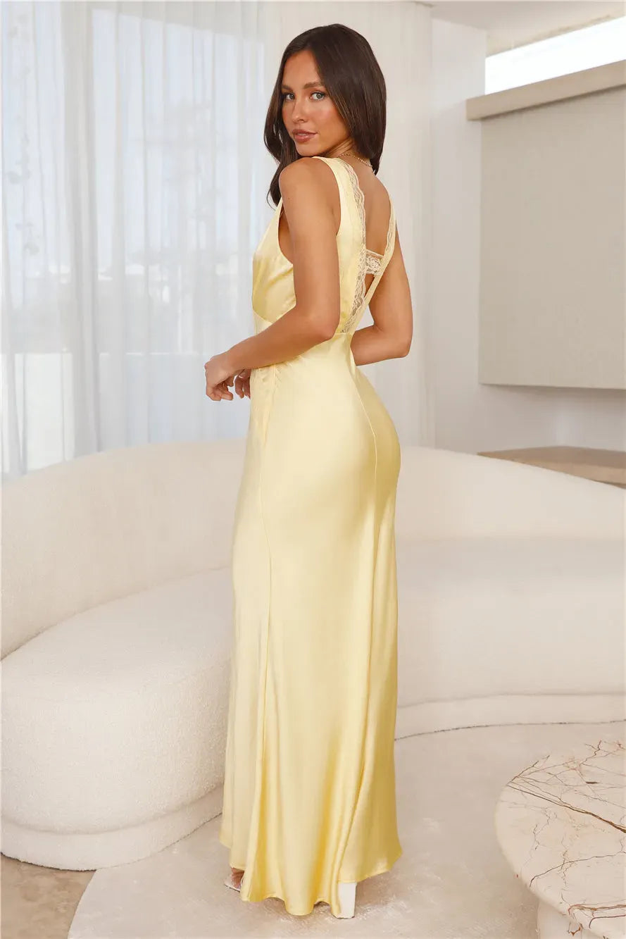 Deep V-Neck Satin Maxi Dress In Yellow