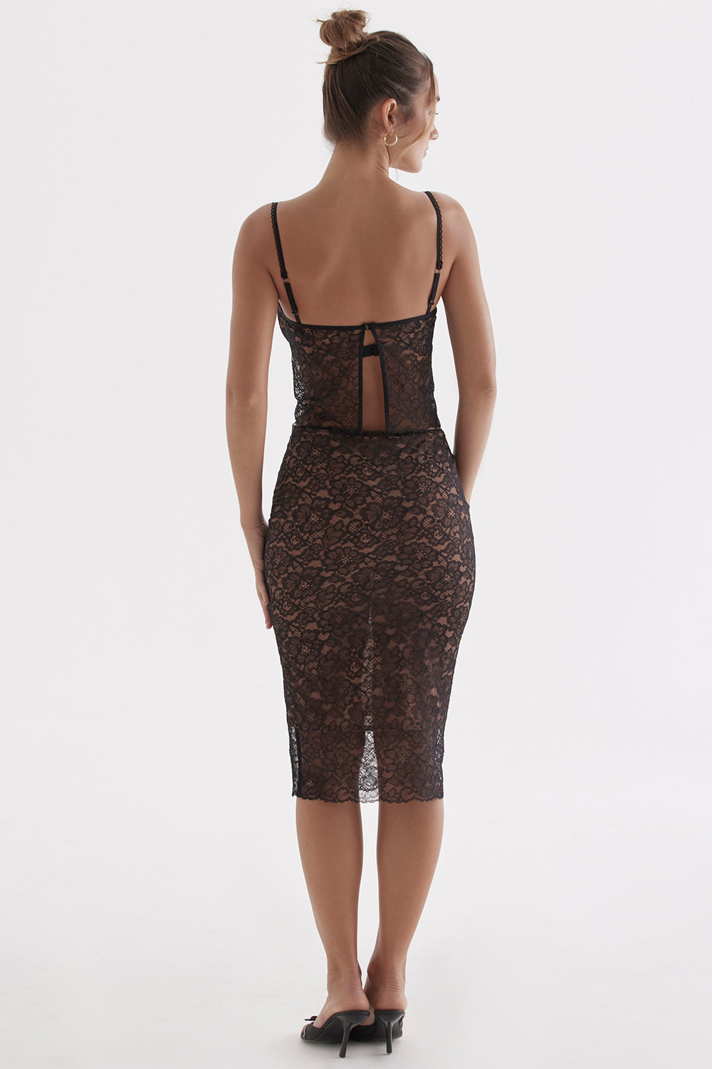 Black lace cami top with midi skirt