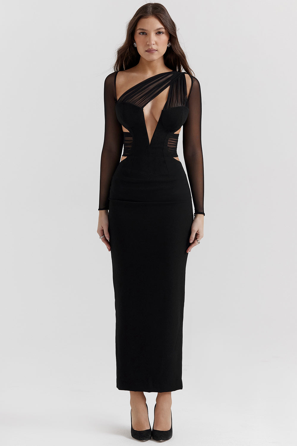 Black maxi dress with deep cut