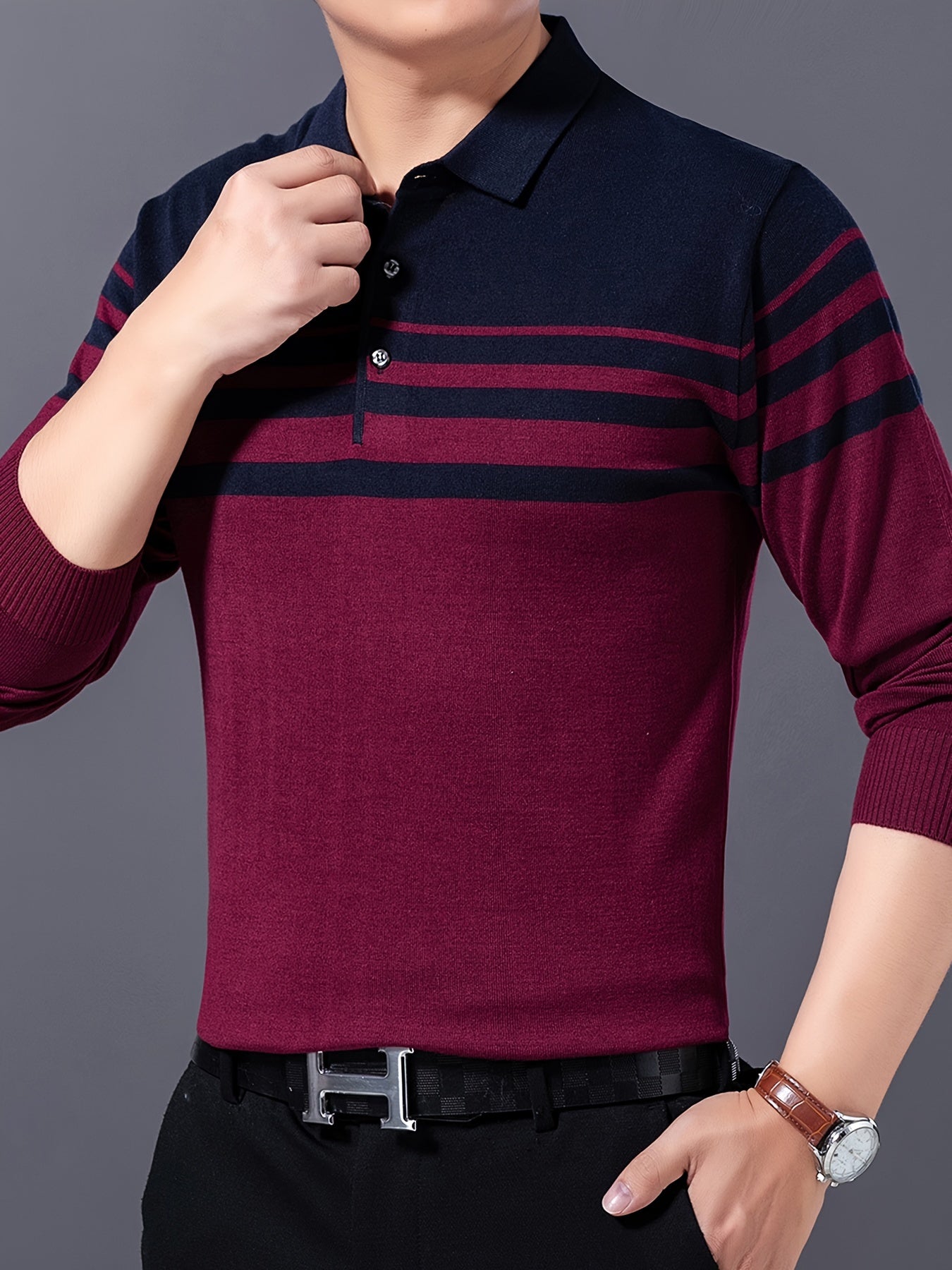 Stylish striped lapel sweater for men