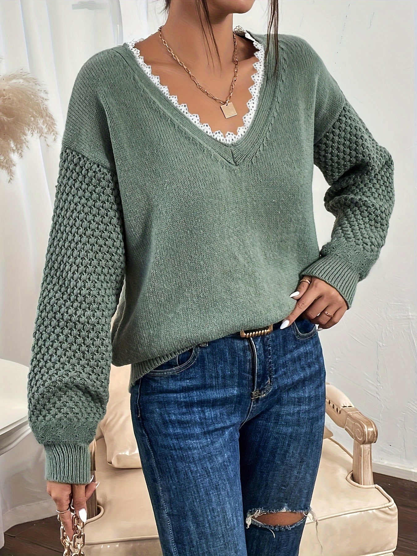 Lace sweater with V-neck