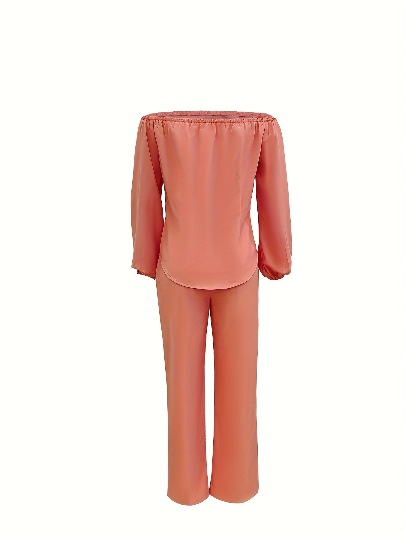 Off-the-shoulder top with button closure, lantern sleeves and straight-leg trousers