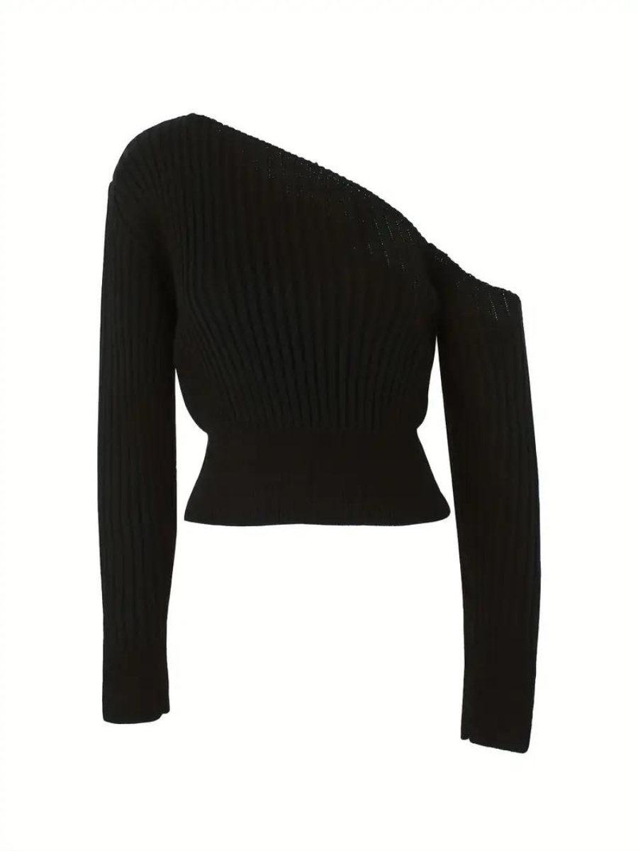 rib knitted sweater with asymmetrical neckline