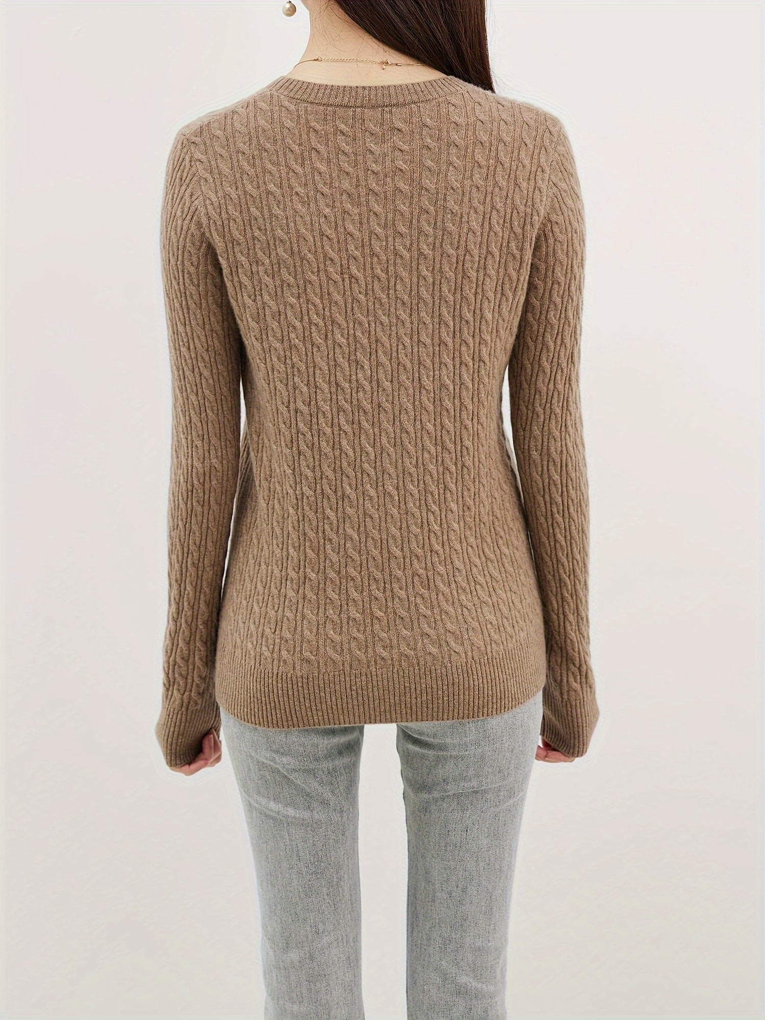 Cable knitted wool sweater with round neck