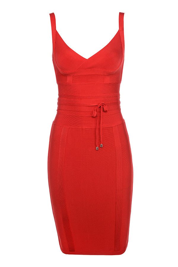 Red bandage dress with tie belt