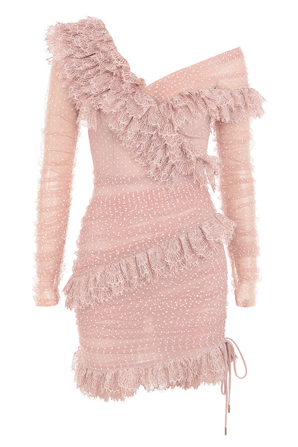 Blushing mini dress with lace ruffles