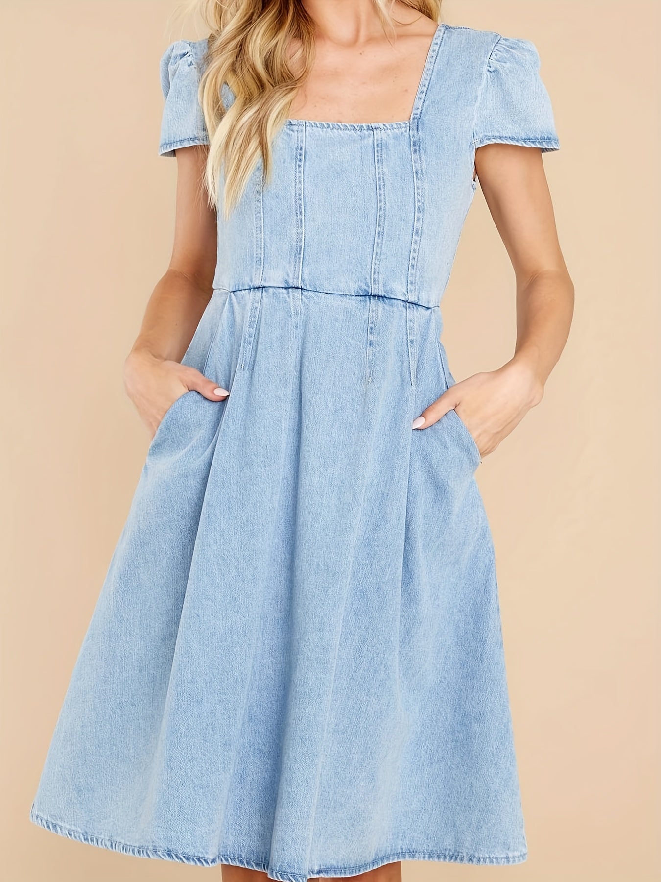 Blue denim dress with square neck