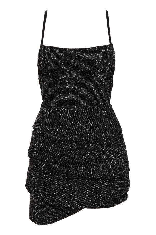 Black bouclé draped mini dress