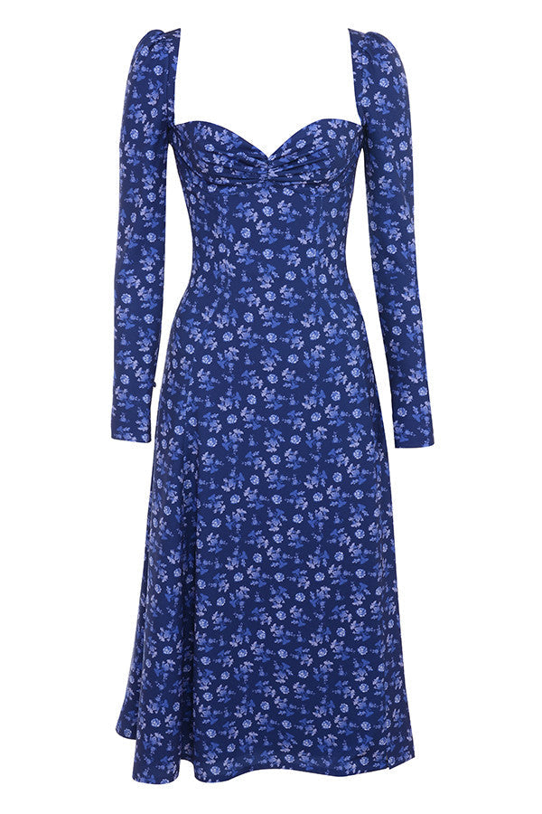 Sapphire colored midi dress with puff sleeves and flowers