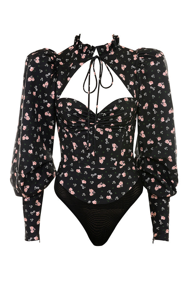 Black corset body with high neck and floral print