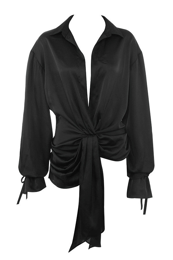 Black satin draped shirt