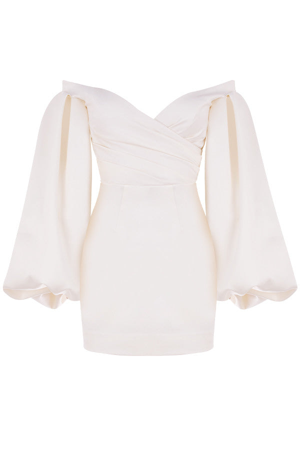 Ivory satin mini dress with balloon sleeves