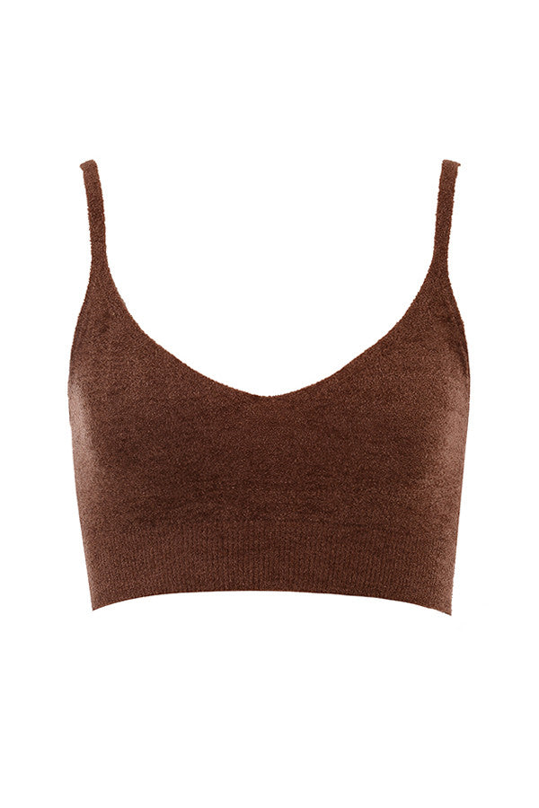 Chocolate fluffy knit crop top with high waisted shorts