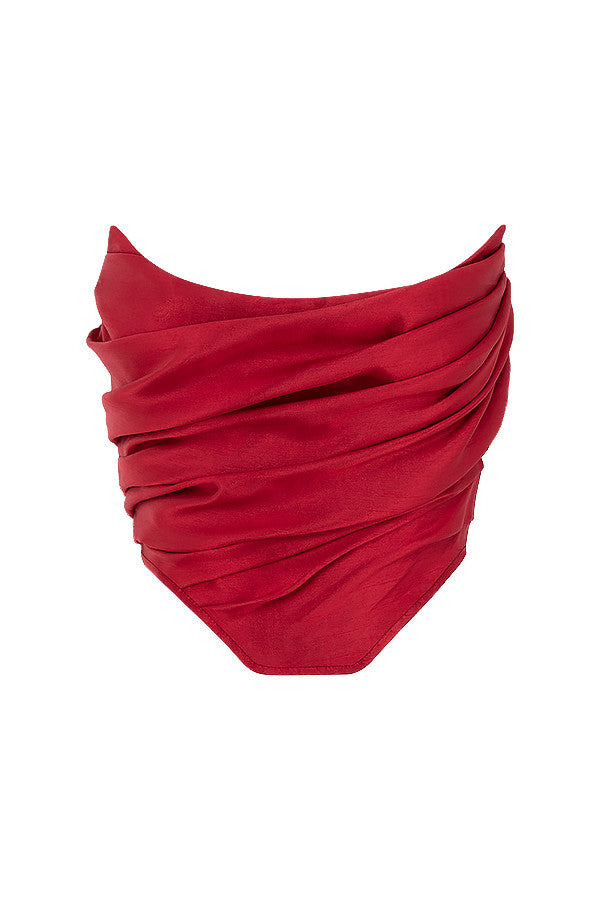 Red taffeta draped corset