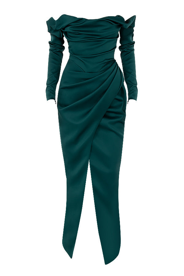 Emerald green satin draped strapless dress