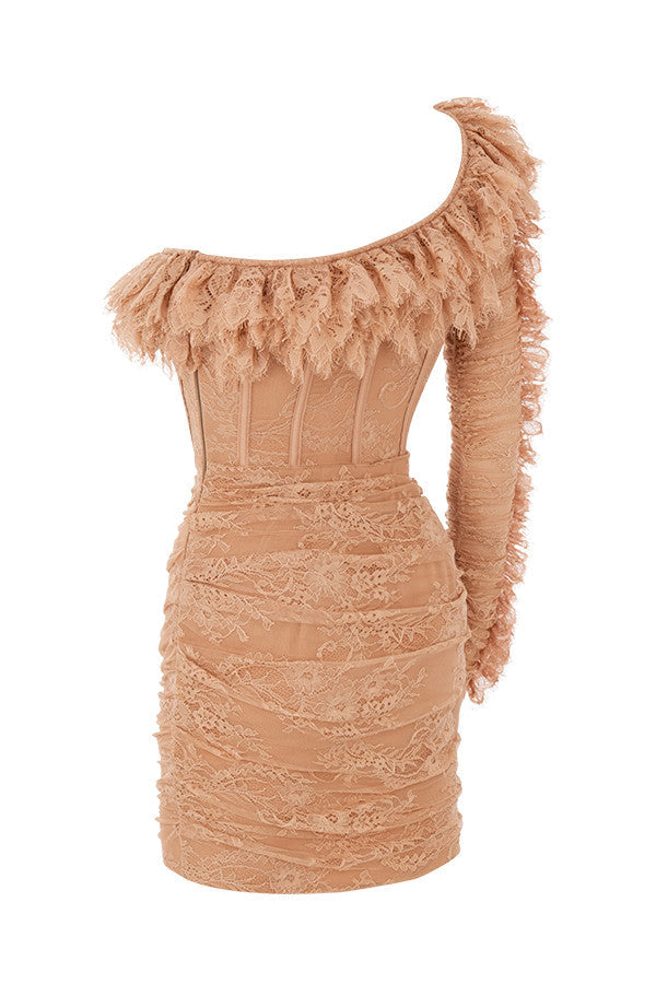 Beige asymmetrical mini dress with ruffles