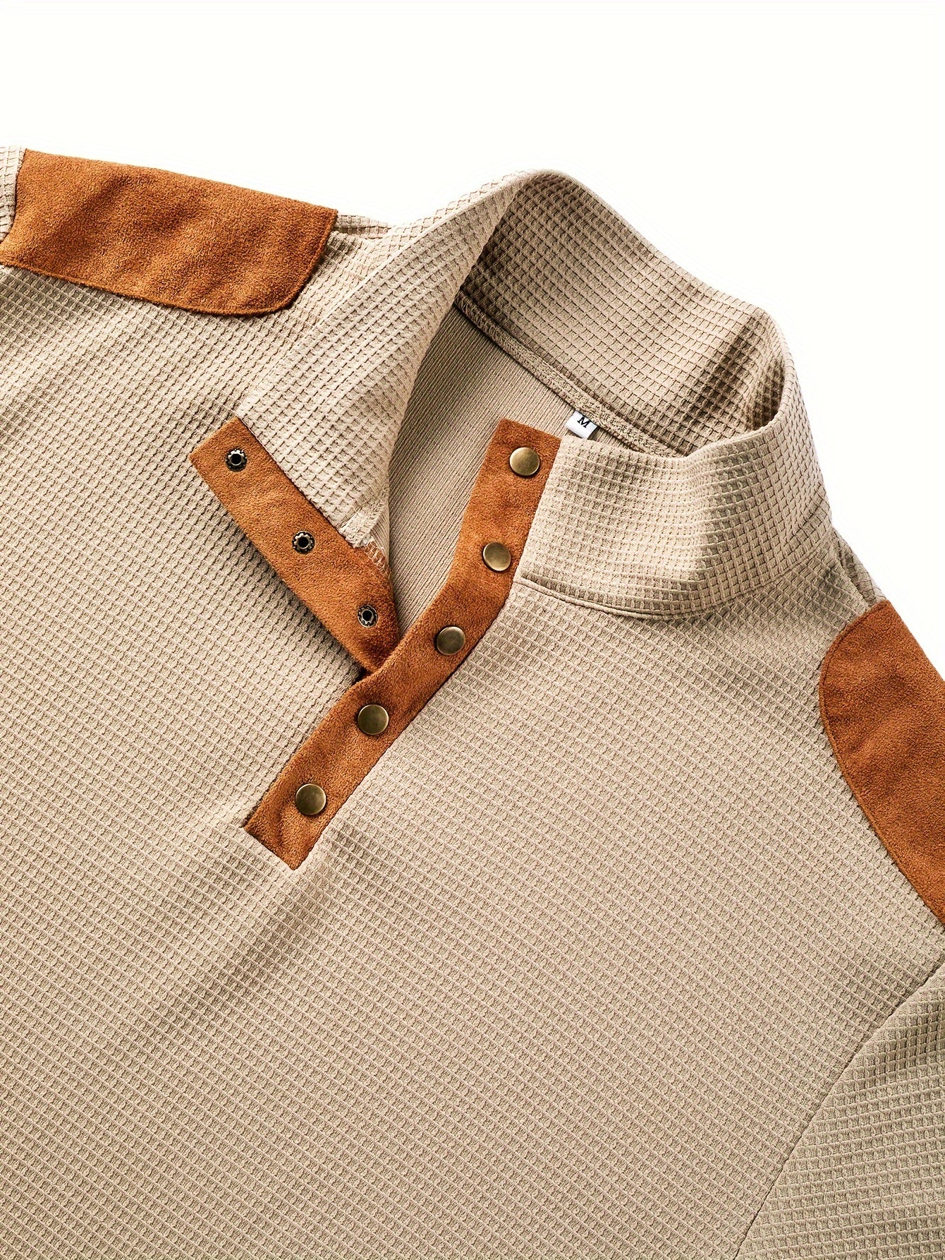 Henley shirt in beige with long sleeves and standing collar