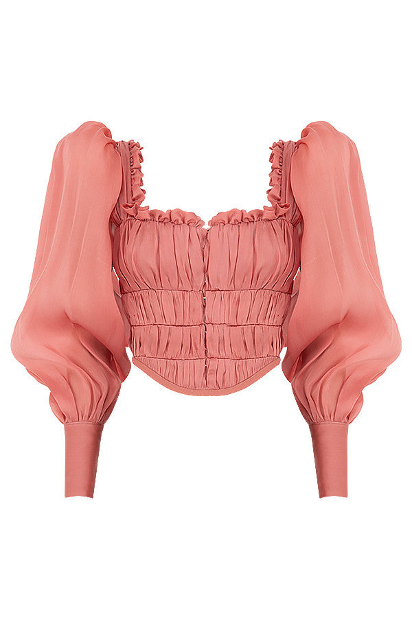 Rouge organza corset with ruffles