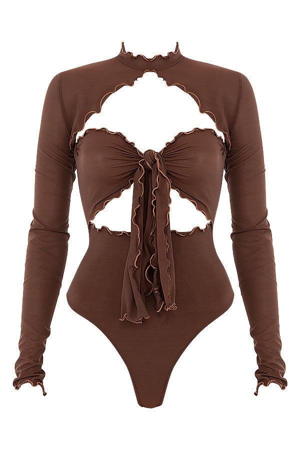 Brown power mesh bodysuit with tie front