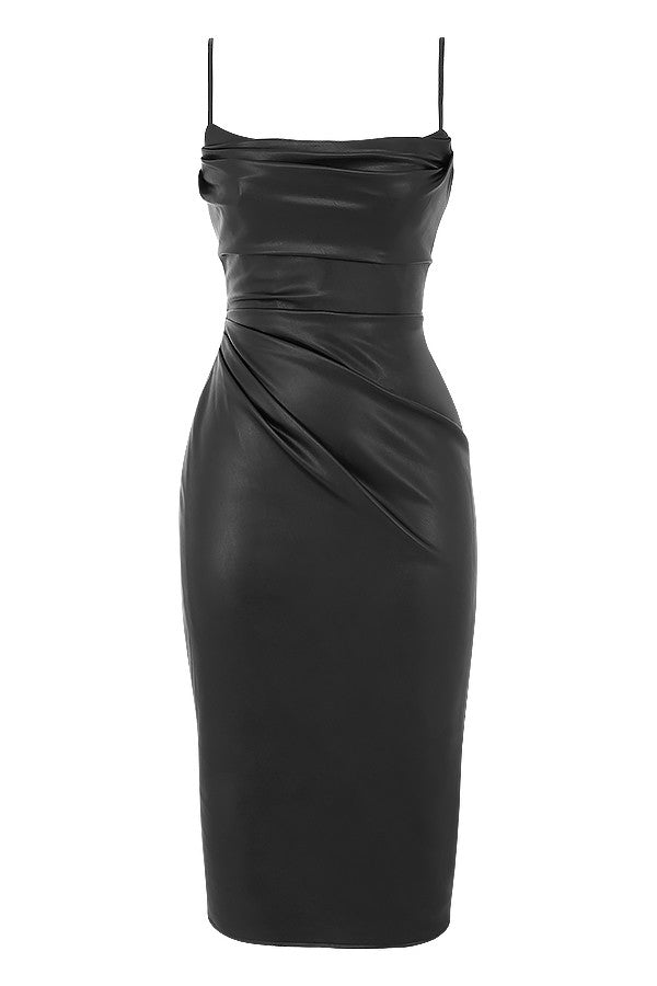 Black vegan leather corset midi dress