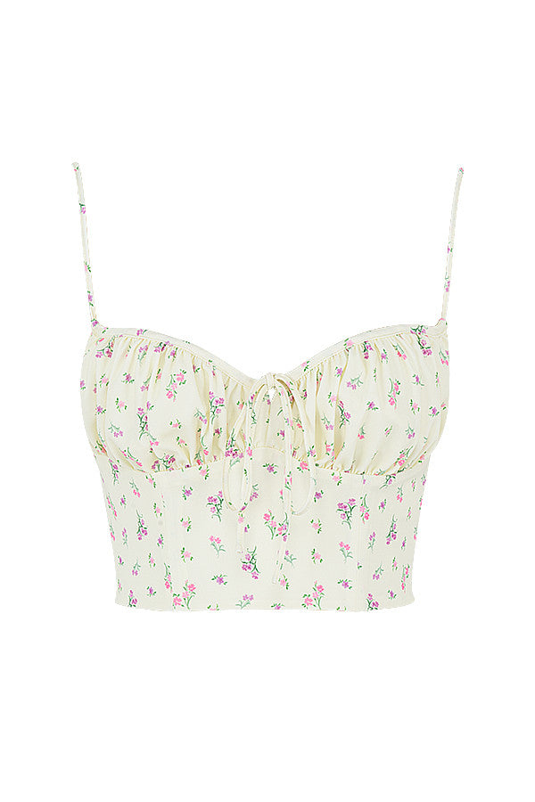 Lemon colored floral bustier top with pleats