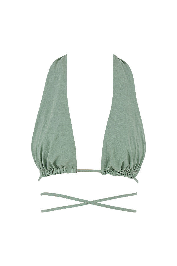 Sage colored bustier top with halter neck and maxi skirt with drawstring