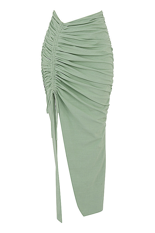 Sage colored bustier top with halter neck and maxi skirt with drawstring