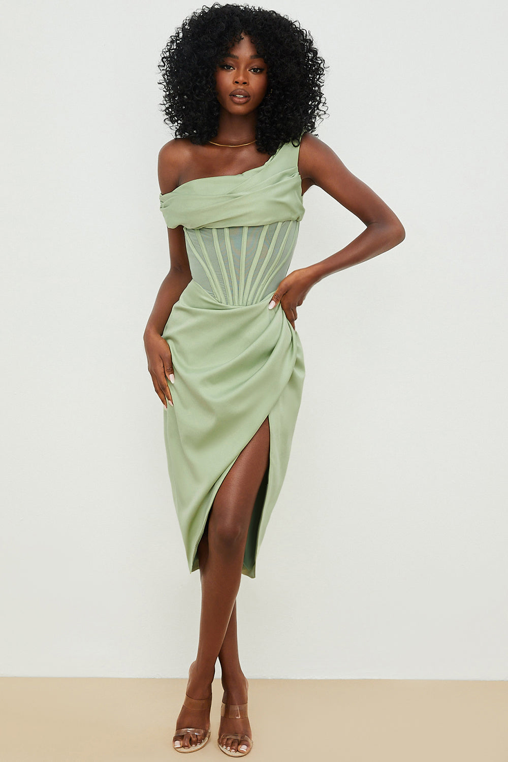 Asymmetrical draped midi corset dress