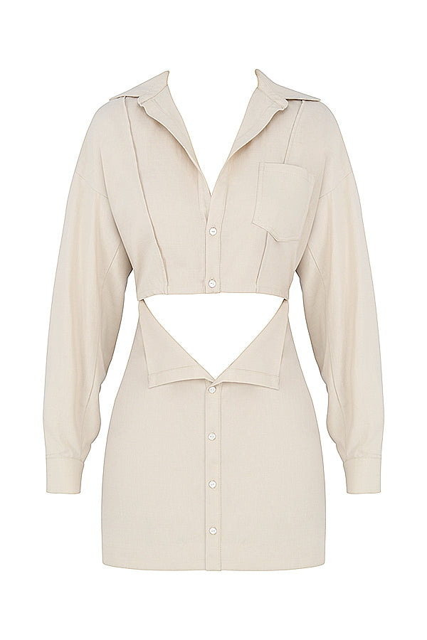 Beige linen shirt dress with cut-out