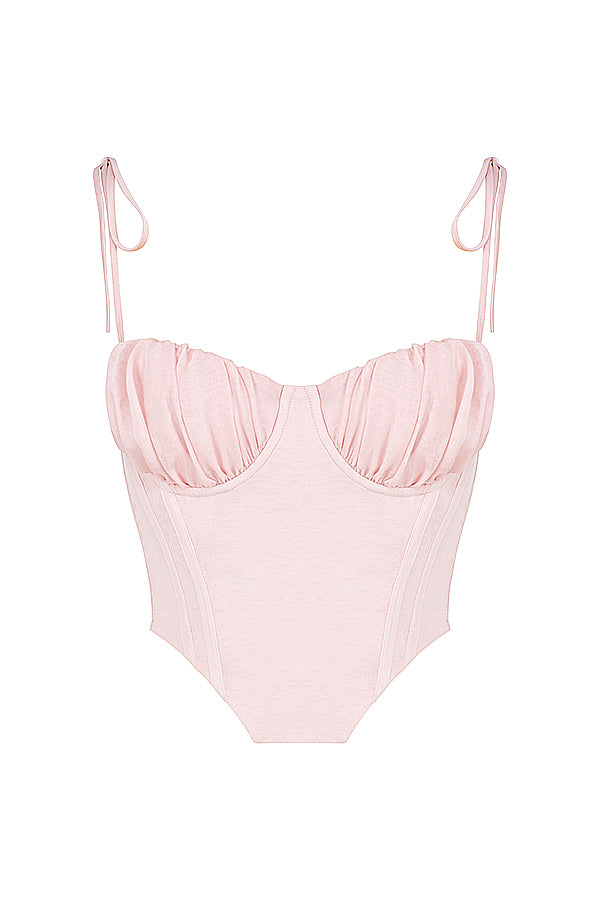 Baby pink cropped corset with pleated chiffon bust