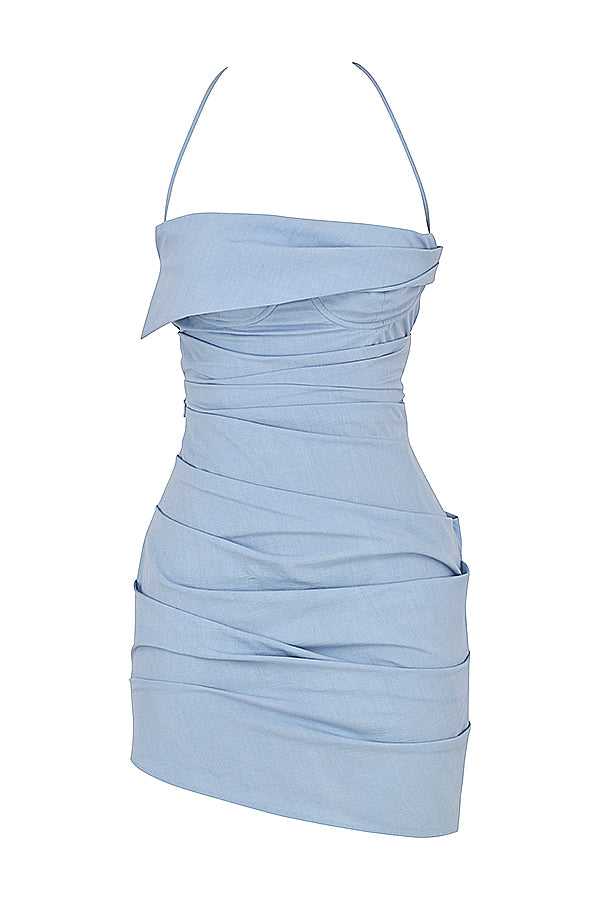 Baby blue mini halter dress with open back