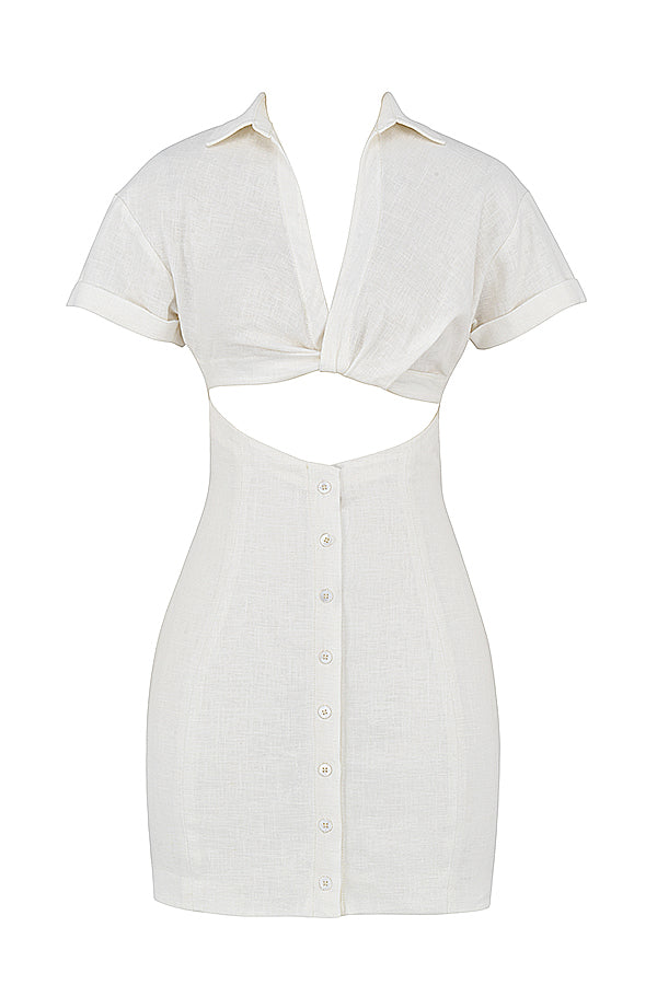 White mini shirt dress with twisted front and cutout