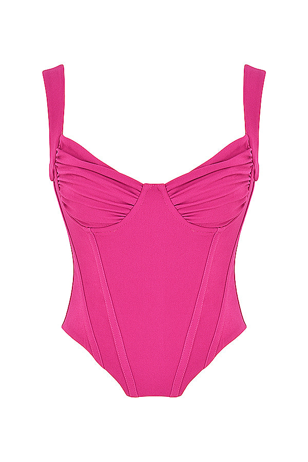 Fuchsia-colored corset top with boning