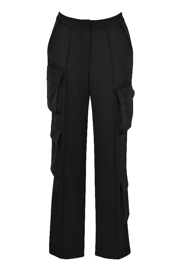 Black long satin corset with straight leg cargo pants