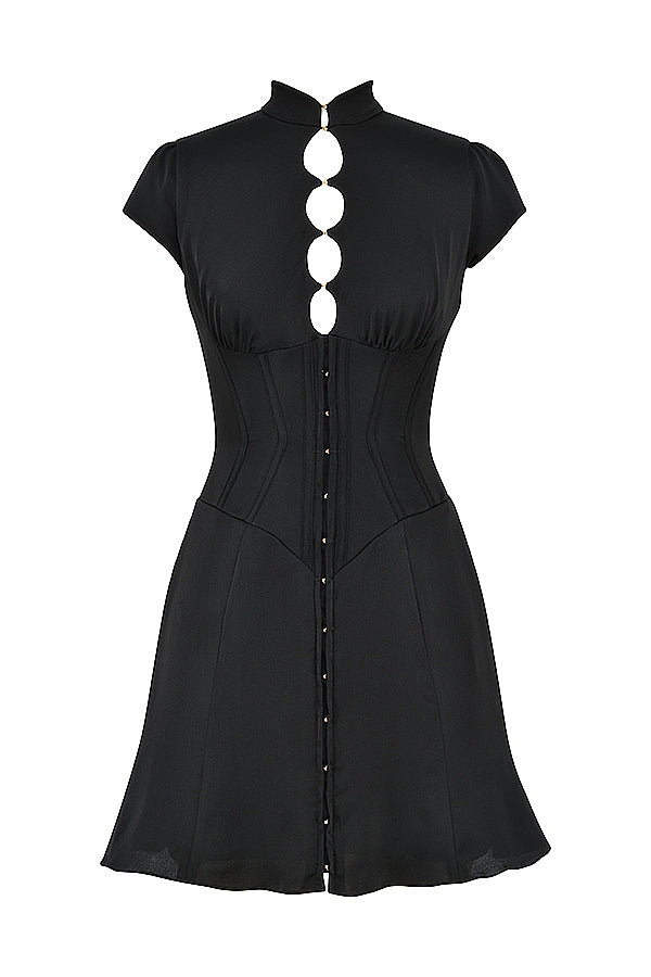 Black satin fluted corset mini dress