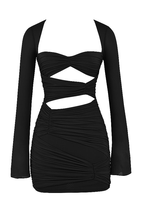 Black real silk mini dress with cutout