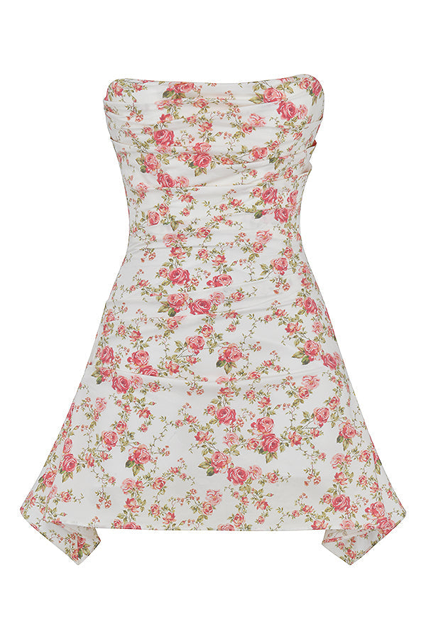 Draped corset dress with rose print