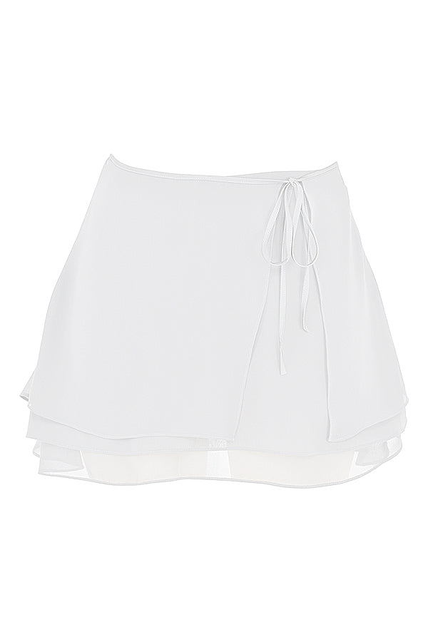 White chiffon corset with straps and floating layered mini skirt