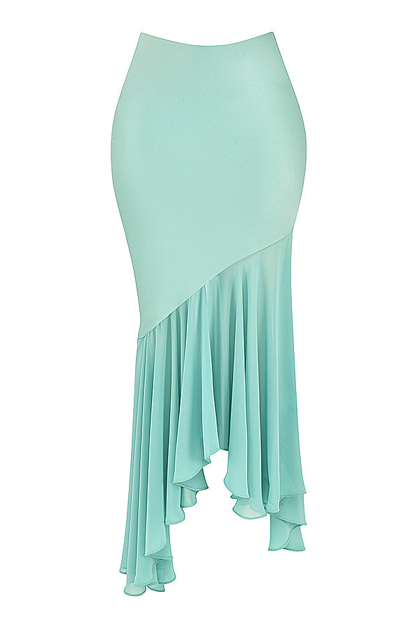 Jade corset with ruffles on the sleeves and maxi skirt with ruffles