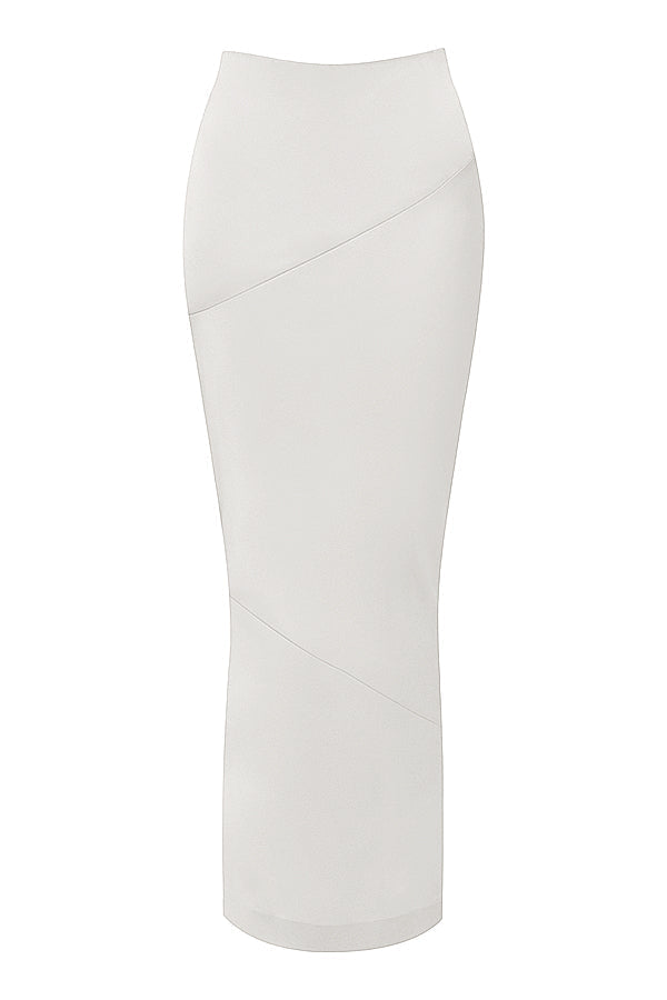 Long ivory satin corset with diagonally cut midi skirt