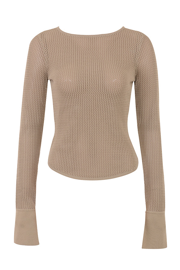 Taupe knitted top with long sleeves and mini skirt