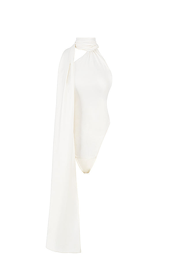 Ivory satin bodysuit with wrap neck and gray loose trousers