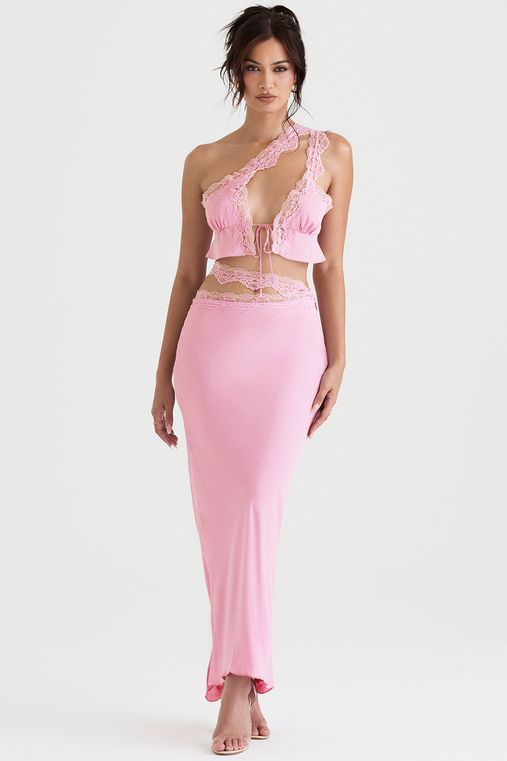 Pink airy cropped top with maxi skirt with lace edge