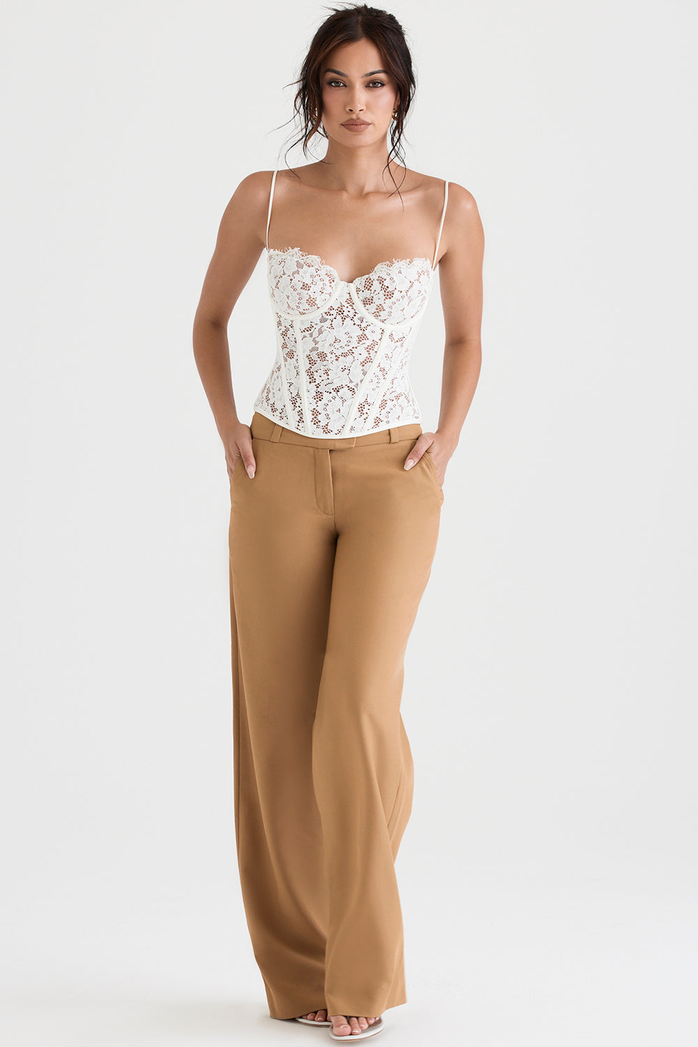 Lace underwire corset with Caramel relaxed trousers