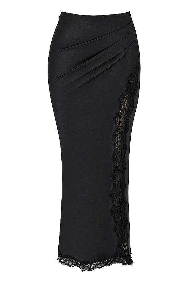 Black lace corset with satin midi skirt