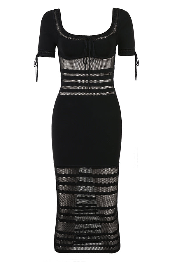 Black openwork knitted midi dress