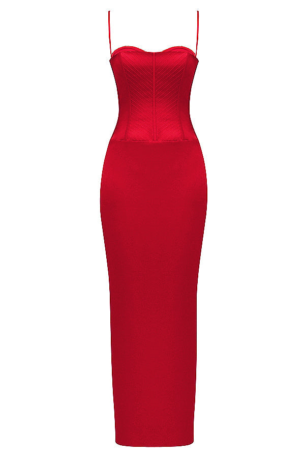 Red satin corset maxi dress