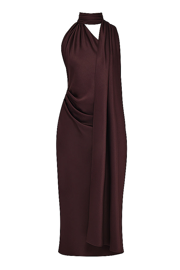 Midi dress with chocolate-colored wrap neck