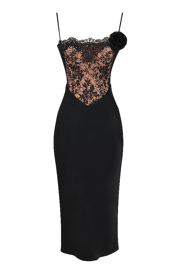 Black satin and lace corset dress