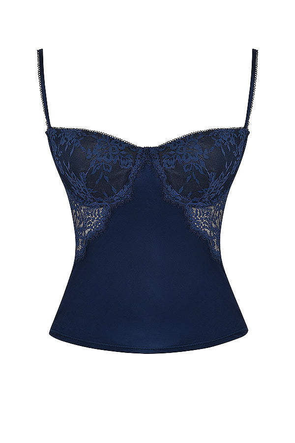 Navy blue satin and lace cami top